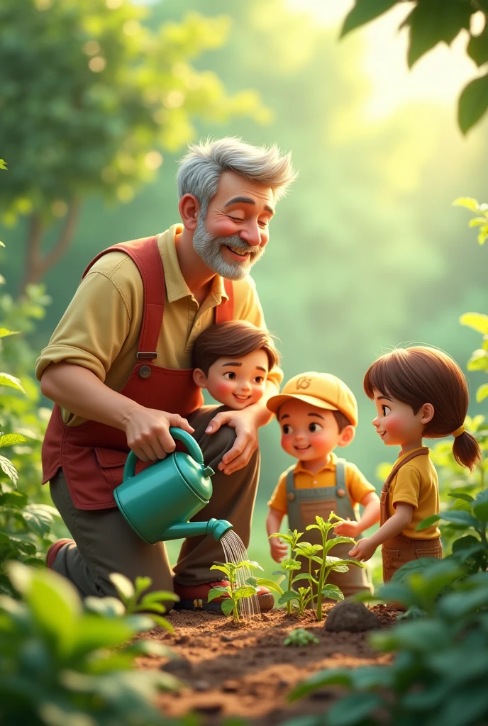 A middle-aged man and a are watering the plants, children's book figure, children's book figure, children's book figure, commercial figure, children's book figure, flat figure, detailed 2D figure, 2D figure, 2D figure, children's book figure, children's book figure, figure, children's figure, professional figure