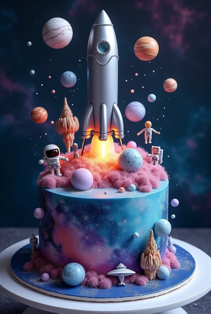 Imagine an incredible cake inspired by space that has a rocket, planets, galaxies, spaceships, and many figures. Make the cake like seeing an incredible space full of impressive decoration.