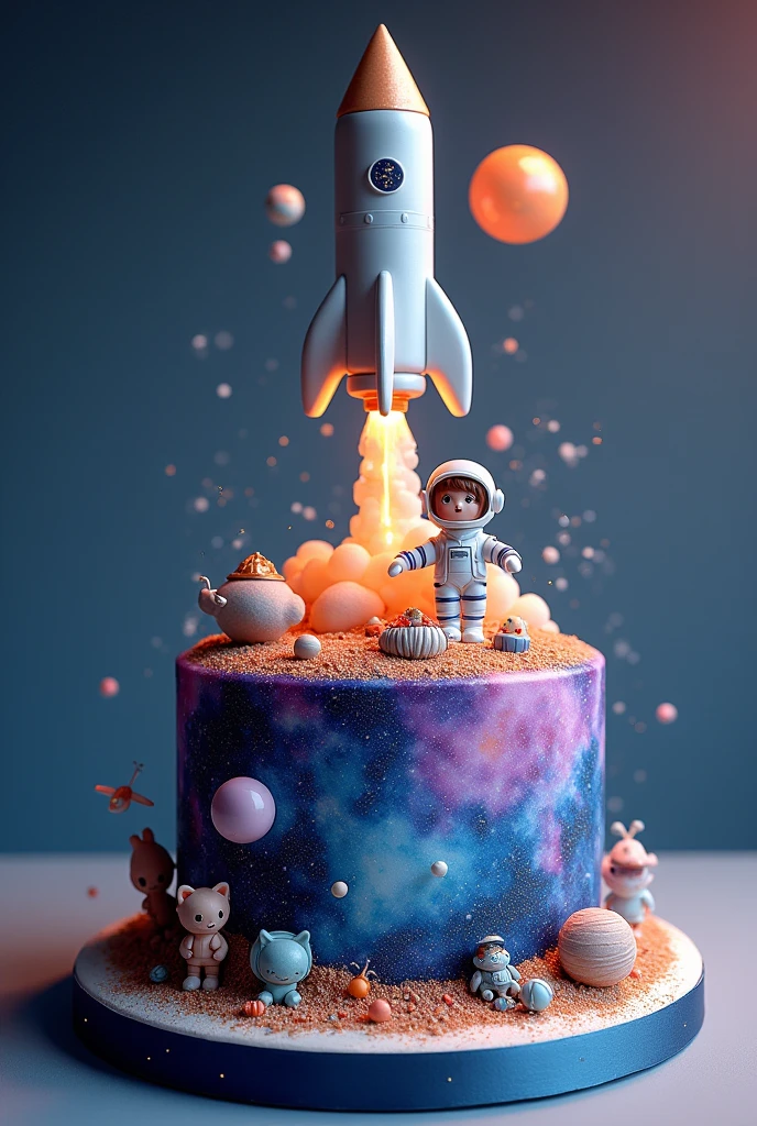Imagine an incredible cake inspired by space that has a rocket, planets, galaxies, spaceships, and many figures. Make the cake like seeing an incredible space full of impressive decoration.