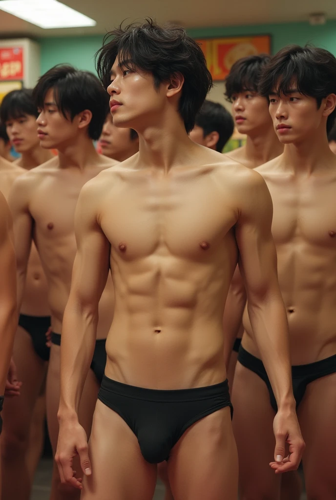 Realistic、beautiful、A large group of young Japanese men、Bikini-style small swimming trunks、A very small boomerang-type swimsuit with a low rise、Huge bulge in the crotch、Inside McDonald's