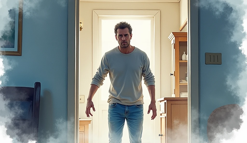 watercolor art a person in his house in fear