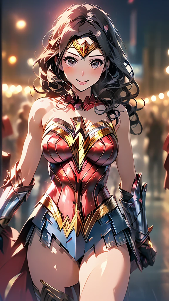 (Close-up of a woman)、((Depiction of only the upper body))、10 generations of women、Pink Lip Gloss、smile、blush、(Open the lipstick a little、High resolution、16K))、Medieval city、(((wonderwoman cosplay)))、Accurate depiction down to the smallest details、Noise is kept to a minimum