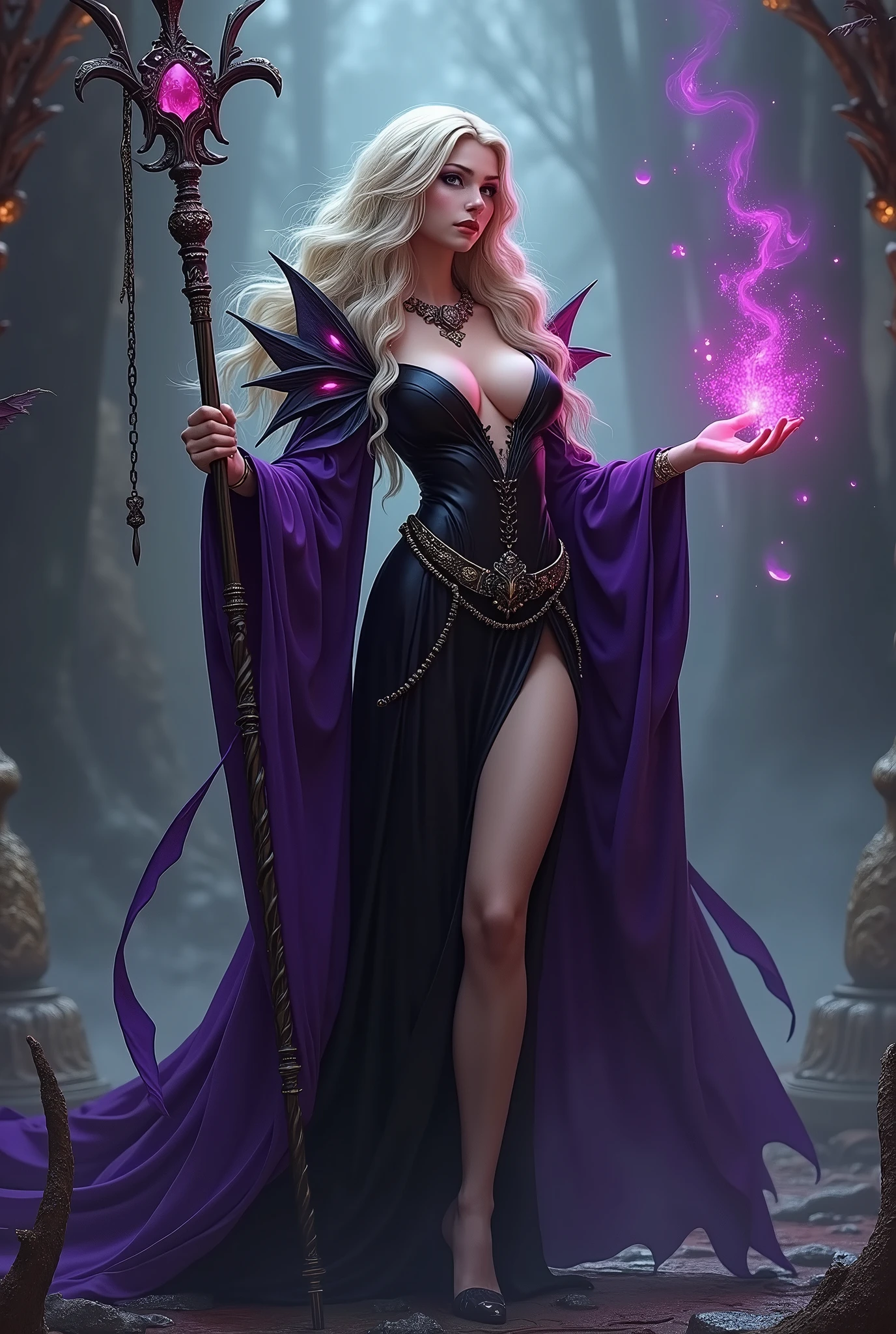 (masterpiece, photorealistic:1.4, extremely intricate:1.3), (photon mapping, radiosity, physically based rendering, ultra resolution, hyper-realistic, photorealistic:1.4, hyper-realistic, 8K), (((blonde buxom Sylph, large breasts))) purple black sorceress, staff raised, shadow power