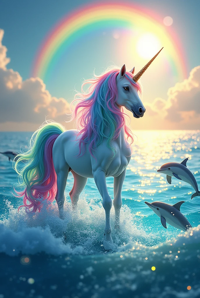Unicorn with colorful hair in a sea with dolphins and sun and lots of glitter and a rainbow