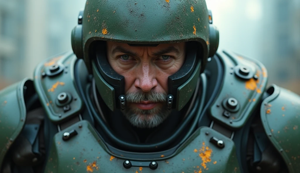 (Masterpiece.Uhd. Photorealistic. Analog photography) full body.a half-human, half-machine soldier, giant warrior armor. confronted with his own transformation, dramatic lighting, cyberpunk, dystopian, gritty, dark, moody, cinematic, 8k, detailed, hyperrealistic, high quality,tired face.tired eyes.bulleted armor.
