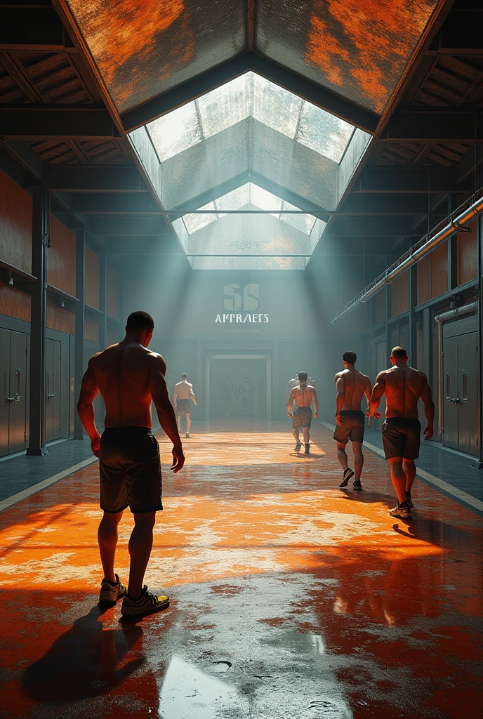 A gym, burnt coffee floor, surrounding walls, mirrored gable roof
