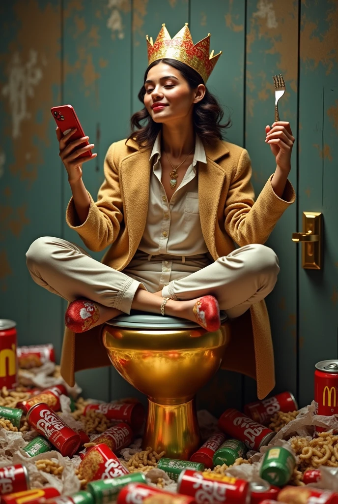 Concept: A person sitting on a gold-plated toilet, surrounded by an excess of fast food wrappers, with a crown made of soda cans. They’re holding a smartphone in one hand and a fork dripping with sauce in the other, looking content but utterly disconnected.