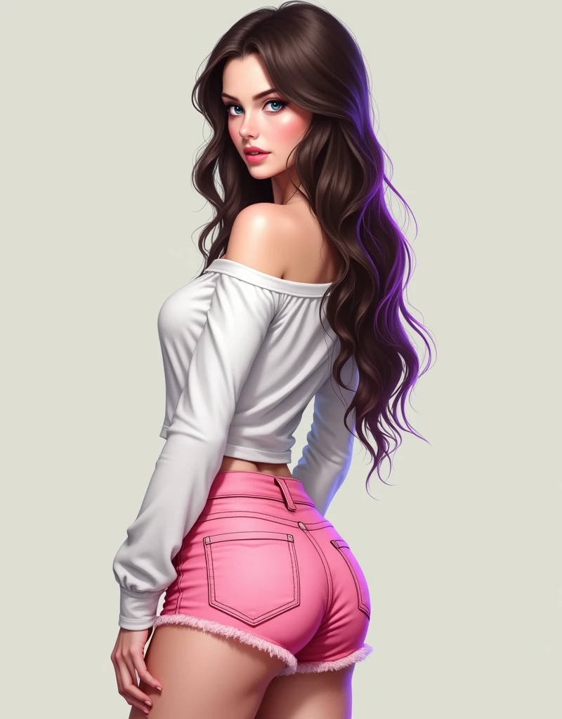 1girl, shorts, ass, solo, dark brown_hair, looking_back, long_hair, blue_eyes, realistic, from_behind, looking_at_viewer, short_shorts, multicolored_hair, shirt, off_shoulder, pink_shorts, denim, back, bare_shoulders, parted_lips, denim_shorts, white_shirt, standing, two-tone_hair, lips, cutoffs, thighs