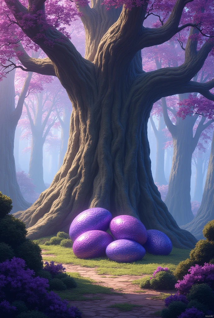 A huge, intimidating, and majestic tree standing among trees with purple vegetation. This purple tree has large dragon eggs nestled in its branches. Fantasy style DnD art.