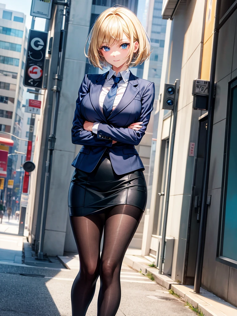 Anime style, super fine illustration, highly detailed, beautiful detailed, perfect detailed, super high quality image, static representation, gentle expression, happy expression, the pretty image, super stylish, 8k, beautiful face, handsome face, perfect & pretty 1girl with blonde straight short hair & blue eyes & a bright smile & full bust & soft fair skin is a career woman supervisor who is not to show her skin wearing big light blue business shirt & black summer tailored jacket & black tight skirt & black pantyhose on the urban business buildings street, in the morning, solo, perfect fingers, no more fingers, no less fingers, perfect arms, no more arms, perfect legs, no more legs, no more hair, masterpiece.