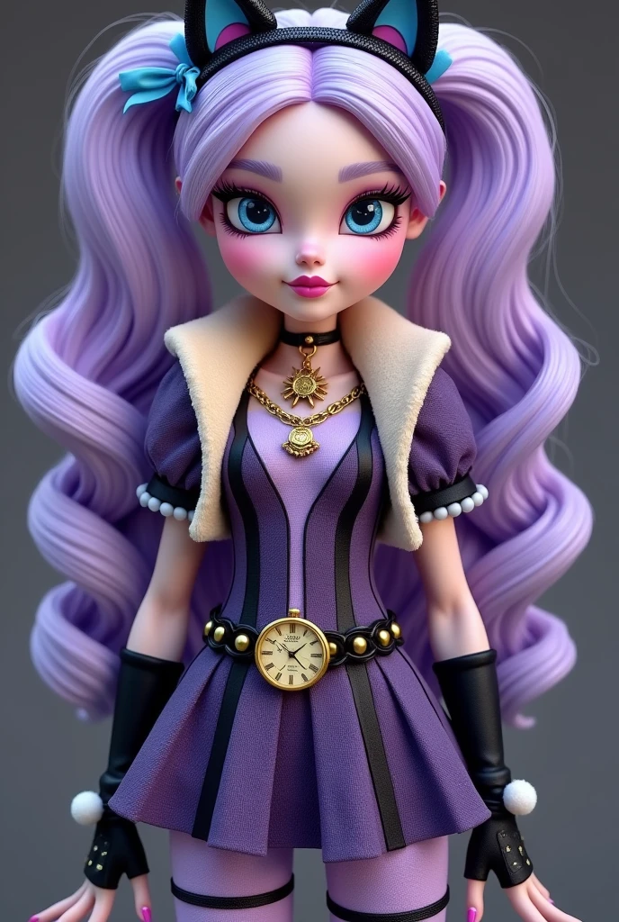 Imagem da filha da Kitty Cheshire e da Bunny Blanc de Ever After High: Tem que ter o cabelo longo encaracolado lavanda com mechas lilac, tied in high pigtails, light blue eyes with cat pupils and fair skin, blue pointy nails, pink lipstick,dress in shades of purple, lilac, blue and black, on top a tight bodice with black and dark purple stripes, dark purple skirt with black stripes, a small beige faux fur collar tied with a blue bow with short black sleeves on the shoulder and behind the neck, black fingerless gloves with white pompom, meia calça lilac com listras roxo escuro, black shoe with a white pompom, a cat ear headband on the left side, a gold watch with a chain around her waist, gold watch necklace