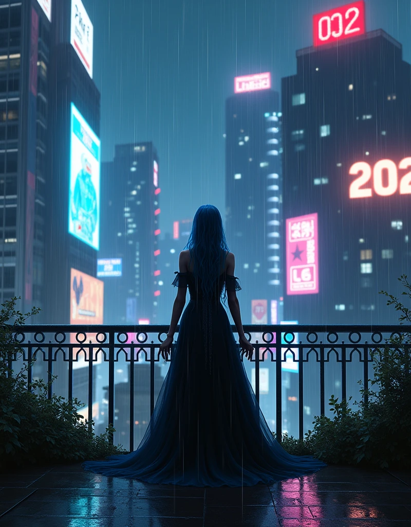A realistic image of a building&#39;s terrace at night, seen from above, with several taller buildings nearby making up the background, illuminated by colorful neon signs and billboards., It&#39;s raining and right in the center of the terrace a woman wearing a black gothic dress with long blue hair and smudged makeup due to the rain is standing with her arms open looking up feeling the rain on her face.