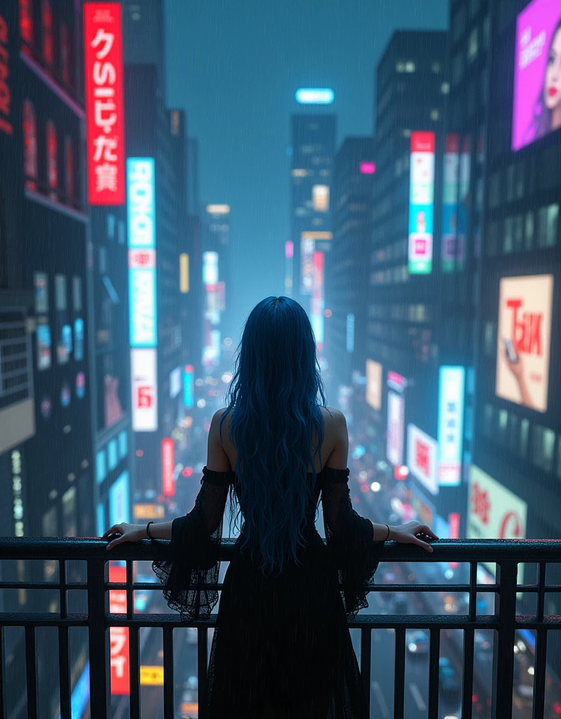 A realistic image of a building's terrace at night, seen from above, with several taller buildings nearby making up the background, illuminated by colorful neon signs and billboards., It's raining and right in the center of the terrace a woman wearing a black gothic dress with long blue hair and smudged makeup due to the rain is standing with her arms open looking up feeling the rain on her face.