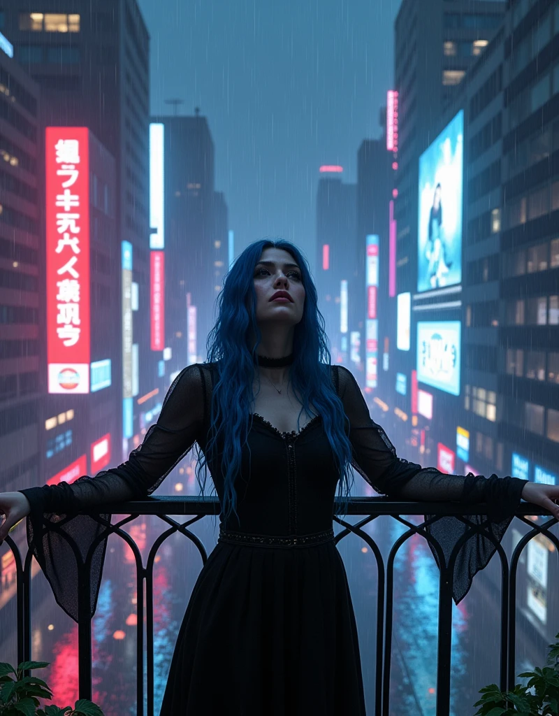 A realistic image of a building's terrace at night, seen from above, with several taller buildings nearby making up the background, illuminated by colorful neon signs and billboards., It's raining and right in the center of the terrace a woman wearing a black gothic dress with long blue hair and smudged makeup due to the rain is standing with her arms open looking up feeling the rain on her face.