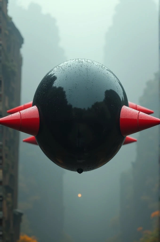 Black round flying machine, with 4 red, horizontal cone-shaped spikes