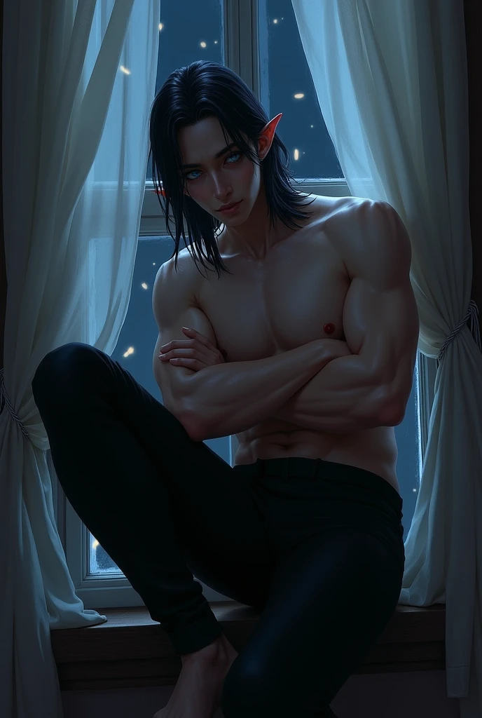 1 man, Imposing Man,Tight black clothing. pointy ears. Shoulder length black hair with only the top part pulled back behind her head. blue eyes. pale white skin. Digital art. Sitting on the edge of a window with the night in the background, legs stretched down, Loose white curtains fluttering in the night wind, arms crossed on chest, attractive and dangerous young man, dark and tense atmosphere, dim lighting, muscles, Robust and sexy, serious, strong jaw, straight nose, affiliated cheekbones 