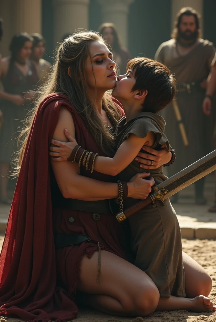 Realism, super quality, action photography style, a defeated woman kneels, her son holds the tip of his sword to the woman's throat, knife stab in the throat, Her head is thrown back strongly.., the woman has a large manly Adam's apple, (woman - 30 year old warrior, throat slashed, Womans face, gothic makeup, pale skin, long hair) (son is 12 ) The ancient Greece
