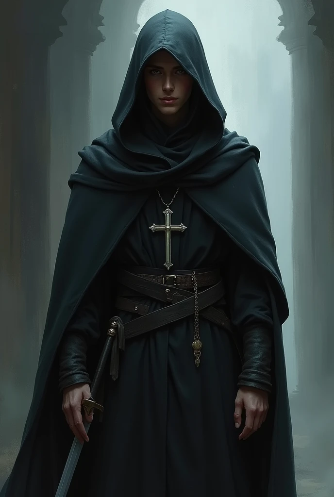 Young adult human cleric with black hooded overcoat and cross lanyard, and with a small sword.