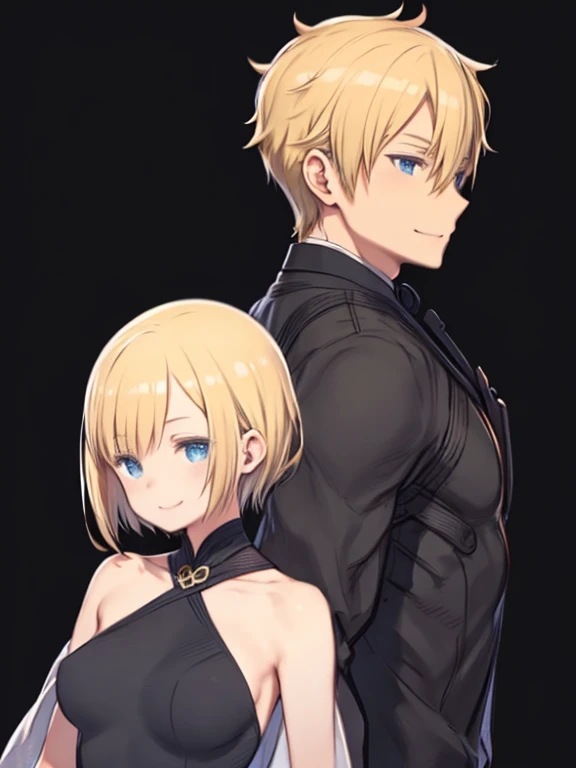 Male and Female、A short-haired black man and a busty woman with long blonde hair、Back to Back、Stick your back together、Smiling、Simple white background、