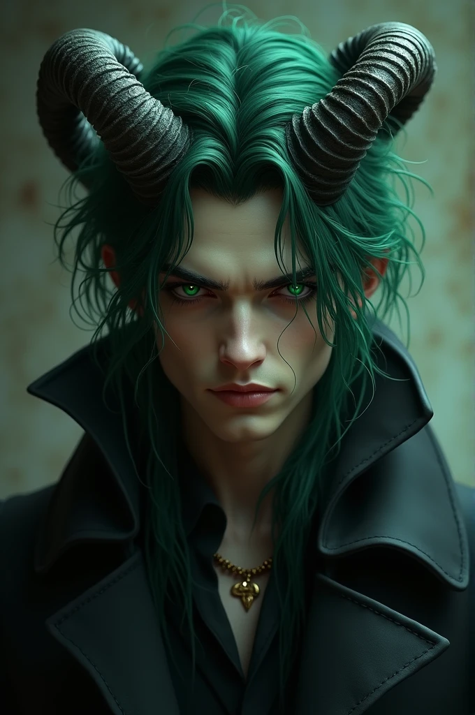 Create a male character with green eyes and hair, with long messy hair, and sharp eyes, with dragon horn, and with a black overcoat, looking like a sadist