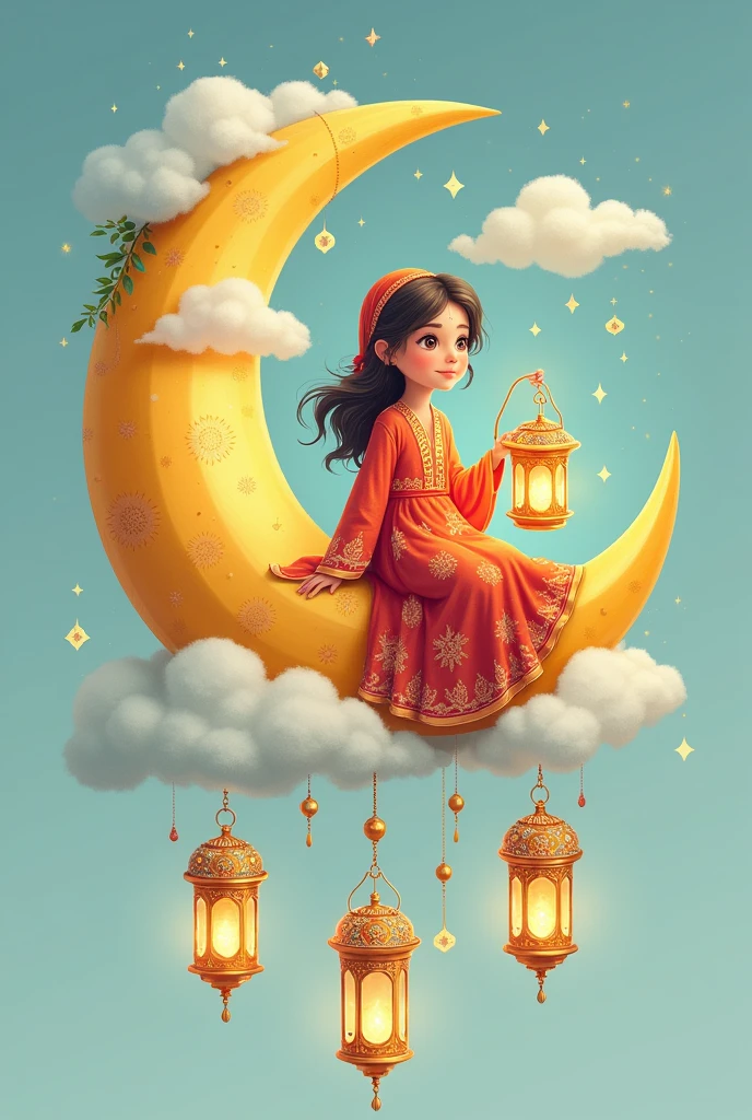 Cartoon drawing, make a logo of a yellow crescent moon decorated with Ramadan decorations, sitting on it is a beautiful girl wearing an Arabic dress decorated with Arabic decorations and holding a lit Ramadan lantern in her hand. Below the crescent there are clouds and a drawing of lantern characters, a high-detail vector drawing 