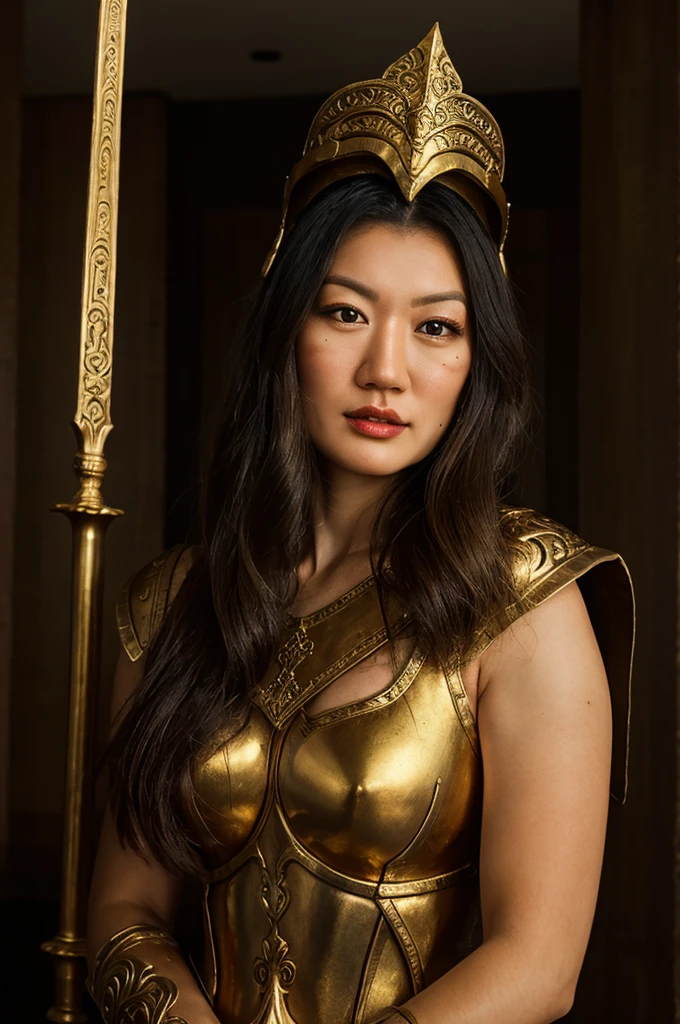 beautiful muscular antique greek spartan warrior asian girl, detailed face with piercing eyes, flowing dark hair, wearing ornate spartan helmet with ornate gold and bronze details, wearing detailed spartan battle armor with intricate gold and bronze designs, holding a golden sword, dramatic lighting, cinematic angle, highly detailed, photorealistic, 8k, masterpiece