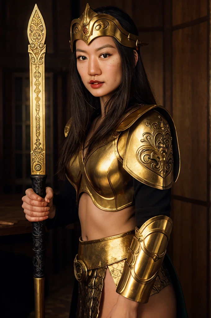 beautiful muscular antique greek spartan warrior asian girl, detailed face with piercing eyes, flowing dark hair, wearing ornate spartan helmet with ornate gold and bronze details, wearing detailed spartan battle armor with intricate gold and bronze designs, holding a golden sword, dramatic lighting, cinematic angle, highly detailed, photorealistic, 8k, masterpiece