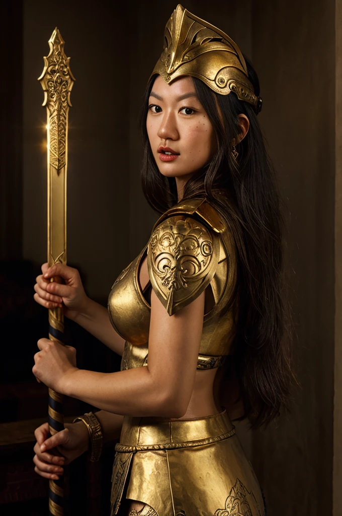 beautiful muscular antique greek spartan warrior asian girl, detailed face with piercing eyes, flowing dark hair, wearing ornate spartan helmet with ornate gold and bronze details, wearing detailed spartan battle armor with intricate gold and bronze designs, holding a golden sword, dramatic lighting, cinematic angle, highly detailed, photorealistic, 8k, masterpiece