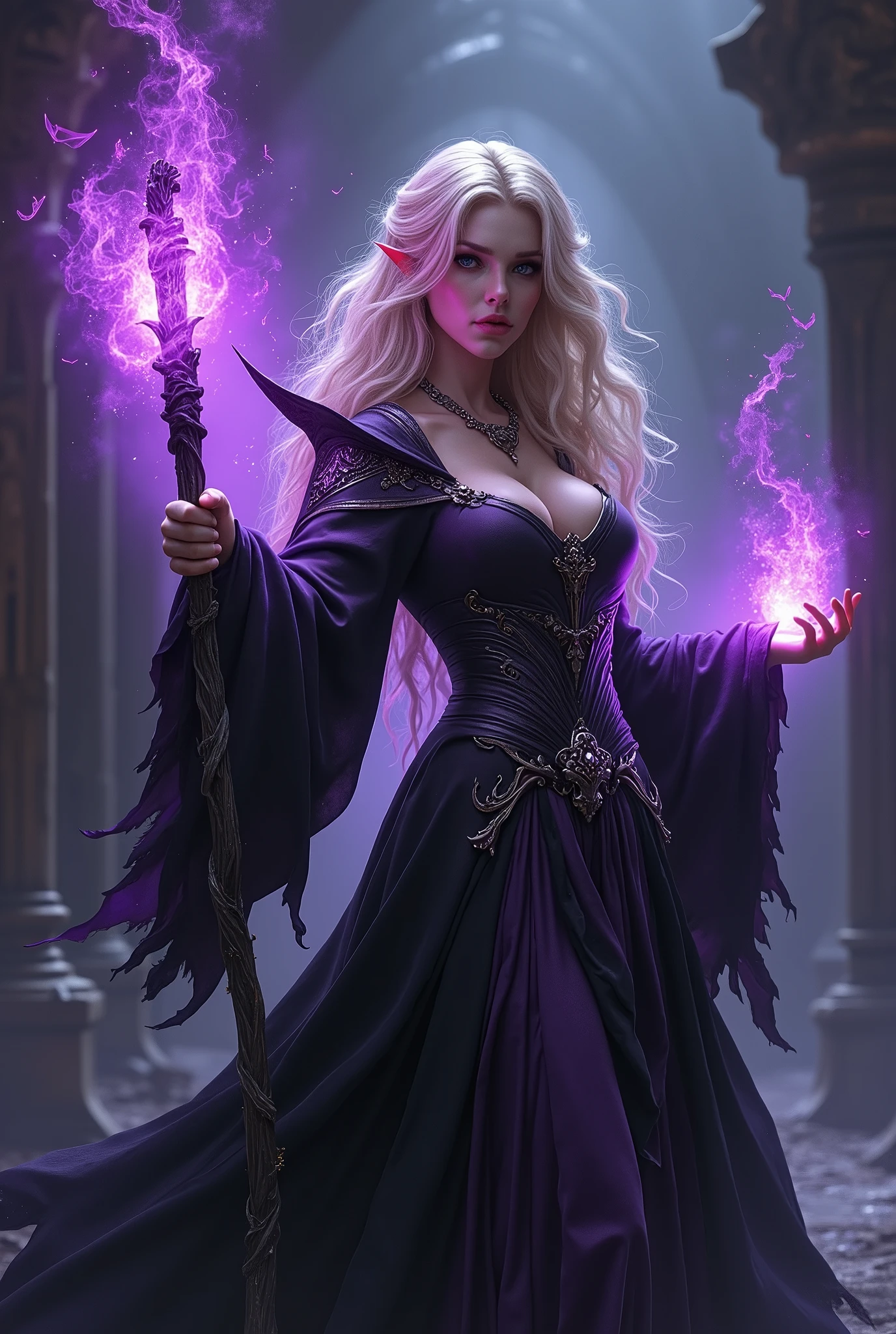 (masterpiece, photorealistic:1.4, extremely intricate:1.3), (photon mapping, radiosity, physically based rendering, ultra resolution, hyper-realistic, photorealistic:1.4, hyper-realistic, 8K), (((blonde buxom Sylph, large breasts))) purple black sorceress, staff raised, shadow power