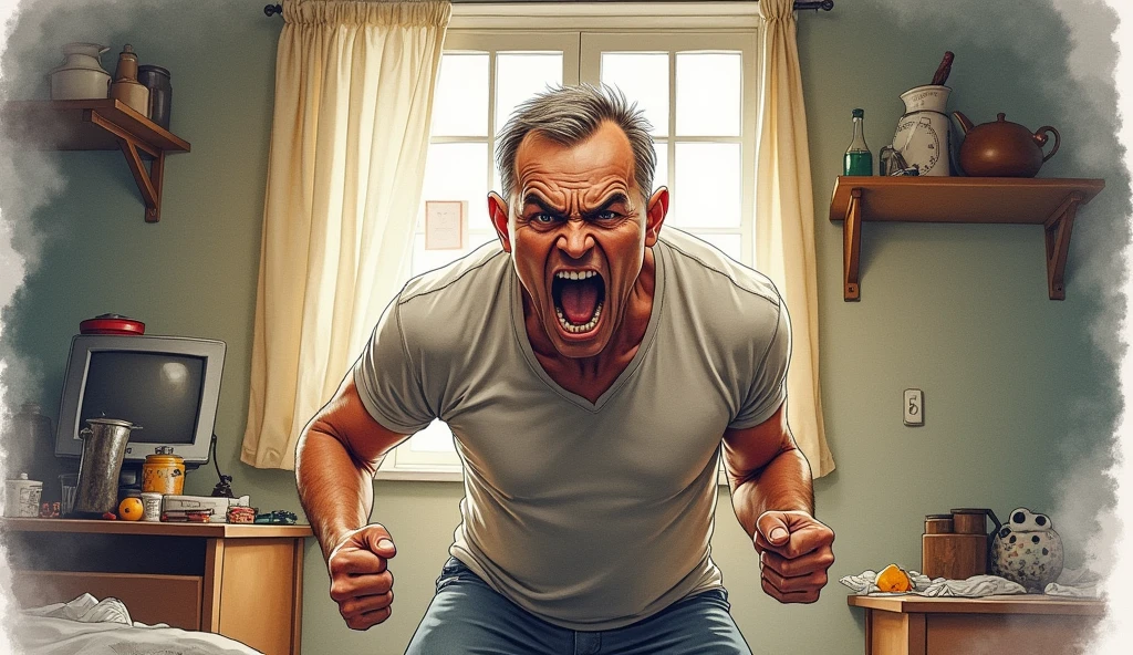watercolor art a person in his house very angry