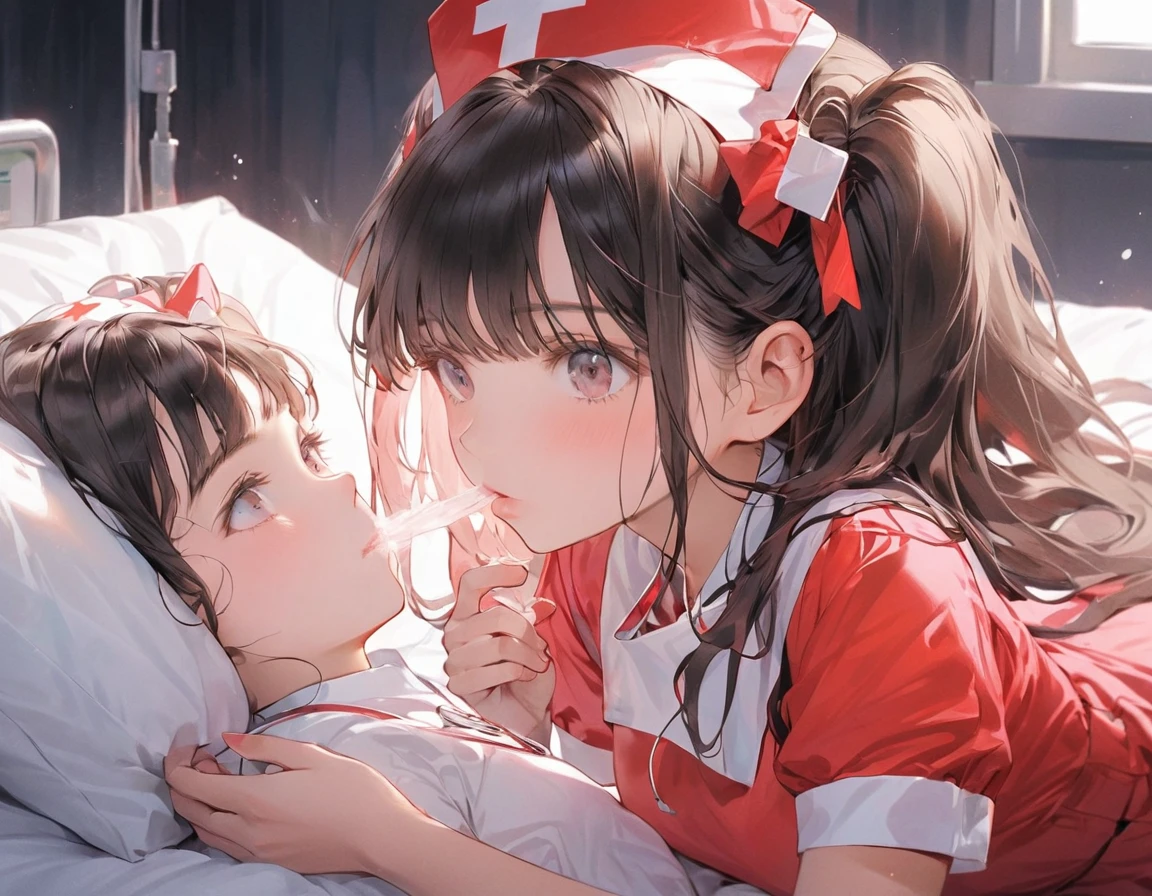 A young nurse is secretly giving a blow job to a patient.
