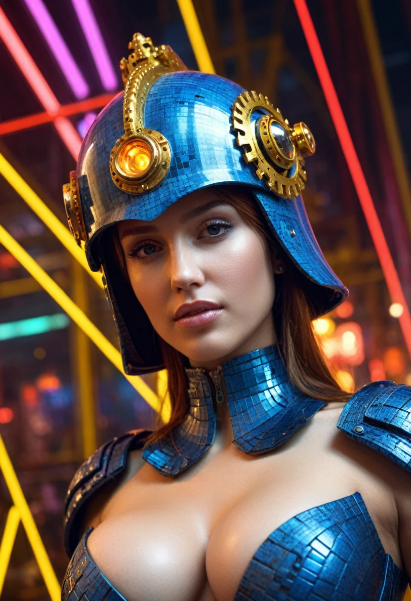 portrait of ((ohwx woman)) with (massive_breasts) and (expansive_cleavage) wearing a small ornate cybernetic helmet, by jan van eyck and johannes vermeer. glowing lights intricate artwork masterpiece trending on artstation 8 k 150 mpx hdr cgsociety contest winner award winning photography beautiful lighting detailed realistic well proportioned headshot portrait unreal engine 5 extremely high quality wallpaper 4k octane render neon colors sharp focus illustration surrealism close up shot super wide angle shallow depth of field  