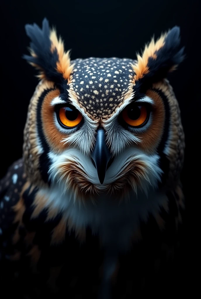 face of an owl in focus with black background