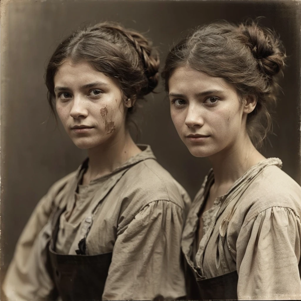 
19 century serf girls of forced labor18- 22 y.o. from the workhouse, hard labor in the manufactory, beautiful but sad with exhausted faces, tired in tattered canvas shirts, barefoot, hair in a bun or a horse tail, unwashed tangled hair, sweat streaming down tanned and dirty faces, shirts sticking to the body from sweat, a lot details hyperrealism