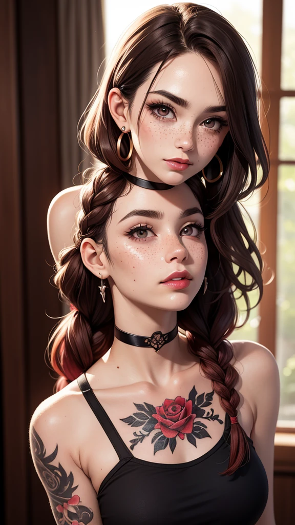 SFW,highest quality,woman,2,backlighting,black choker,blurry background,blush,closed mouth,collarbone,earrings,forehead,freckles,hair over shoulder,jewelry,long hair,looking down,pointy nose,lips glossy,shadow,solo,thick eyebrows,thick eyelashes,upper body,red hair,braids,tattoos,tattoos on arms,black rose tattoos on neck,sun beams,warm light,cozy,((masterpiece)),