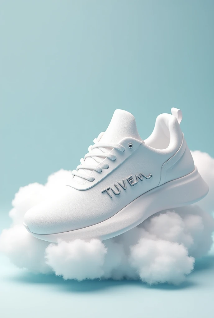 Create a sneaker where it has a cloud brand with the name "tuvem" as a brand