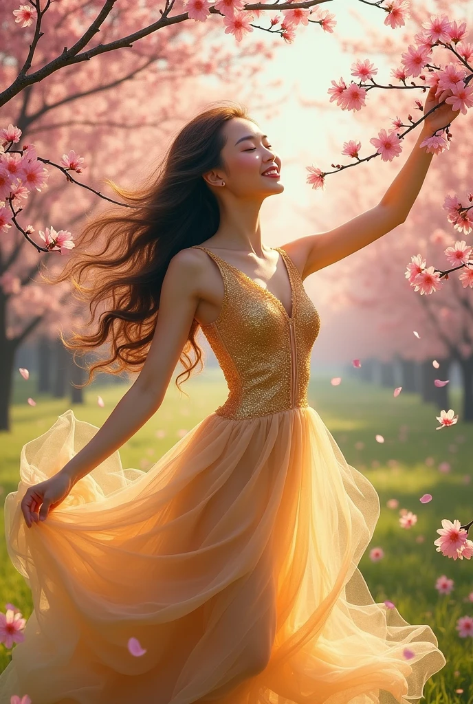 (shining gold dress, long fluttering hair, radiant skin) is dancing gracefully in a field of blooming cherry blossoms. The scene is captured in an exquisite oil painting style with vibrant colors and meticulous brushstrokes. The sunlight gently filters through the delicate petals, casting a warm and dreamy atmosphere. The woman's eyes sparkle with joy and passion while her lips are adorned with a captivating smile. The intricate details of her dress shimmer with golden hues, reflecting light and creating a sense of enchantment. The composition is framed by the graceful branches of the cherry blossom trees, adding depth and a touch of nature to the artwork. The overall image quality is of the highest standard, with ultra-detailed features and photorealistic rendering. The rich palette of colors, including shades of pink, gold, and green, evokes a sense of beauty and serenity. The lighting in the painting is soft and natural, emphasizing the woman's elegant movements and enhancing the overall visual appeal.