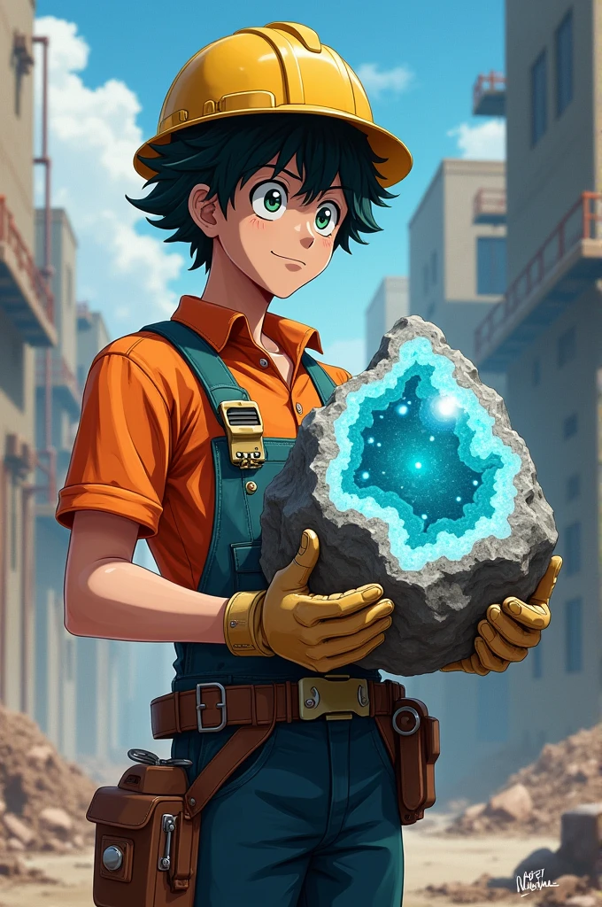 My hero academia artsyle, izuku midoriya, holding a massive rock geode in his arms, wearing a construction helmet an d a shirt.