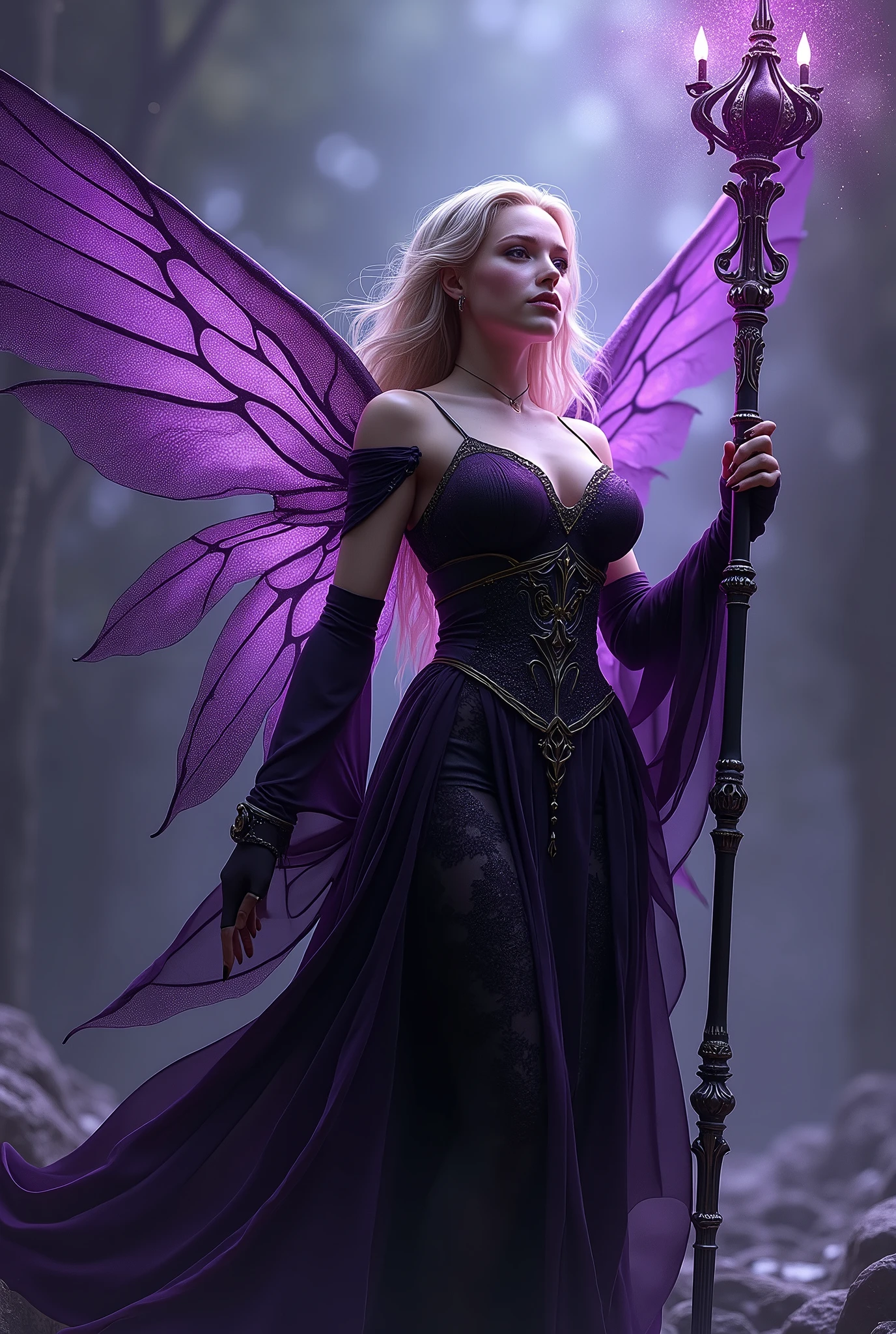 (masterpiece, photorealistic:1.4, extremely intricate:1.3), (photon mapping, radiosity, physically based rendering, ultra resolution, hyper-realistic, photorealistic:1.4, hyper-realistic, 8K), (((blonde buxom Sylph, large breasts))) purple black sorceress, staff raised, shadow power