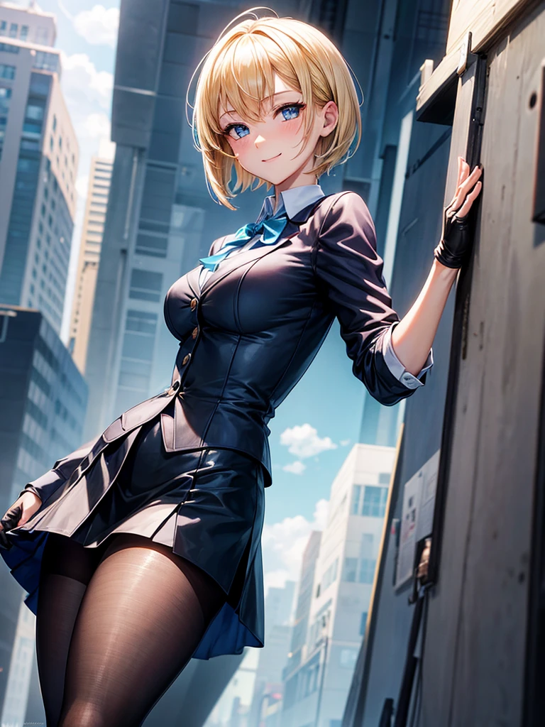 Anime style, super fine illustration, highly detailed, beautiful detailed, perfect detailed, super high quality image, static representation, gentle expression, happy expression, the pretty image, super stylish, 8k, beautiful face, handsome face, perfect & pretty 1girl with blonde straight short hair & blue eyes & a bright smile & full bust & soft fair skin is a career woman supervisor who is not to show her skin wearing big light blue business shirt & black summer tailored jacket & black tight skirt & black pantyhose on the urban business buildings street, in the morning, solo, perfect fingers, no more fingers, no less fingers, perfect arms, no more arms, perfect legs, no more legs, no more hair, masterpiece.