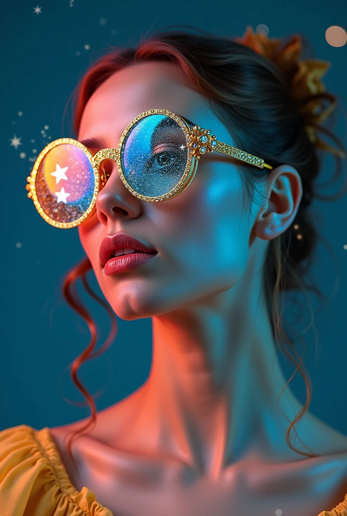 model wearing vitreous sunglasses with star and moon in the glass, in the style of dark sky-blue and light yellow, minimalist pen lines, fairy kei, use of precious materials, vibrant and lively hues, captivating, glitter