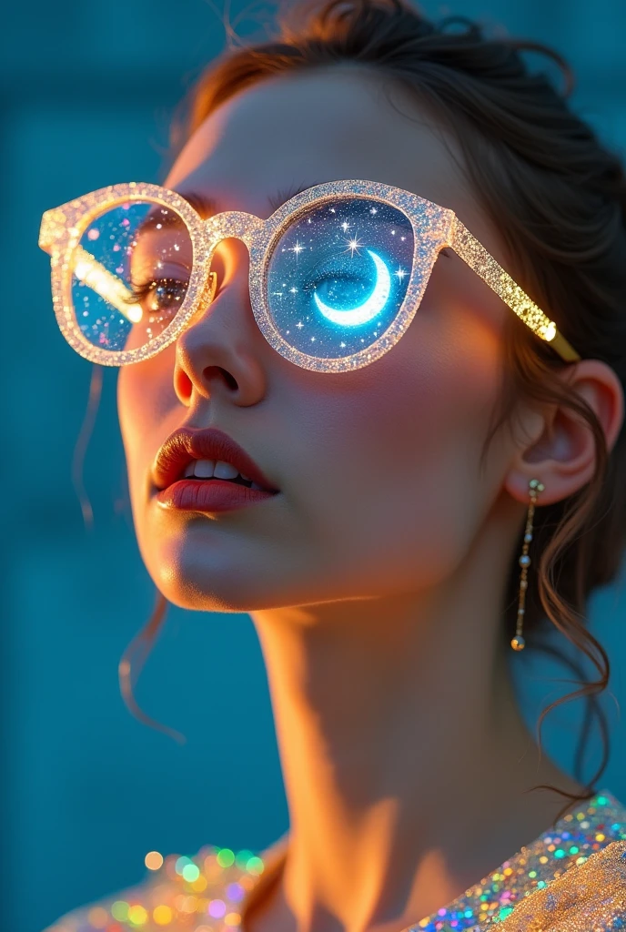 model wearing vitreous sunglasses with star and moon in the glass, in the style of dark sky-blue and light yellow, minimalist pen lines, fairy kei, use of precious materials, vibrant and lively hues, captivating, glitter 