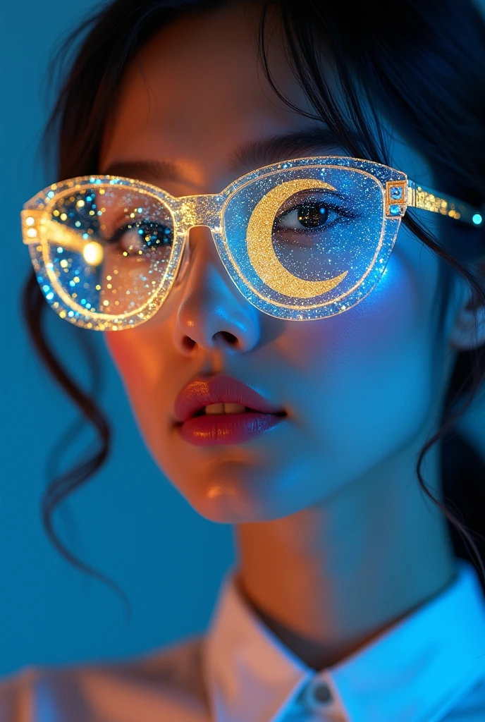 model wearing vitreous sunglasses with star and moon in the glass, in the style of dark sky-blue and light yellow, minimalist pen lines, fairy kei, use of precious materials, vibrant and lively hues, captivating, glitter