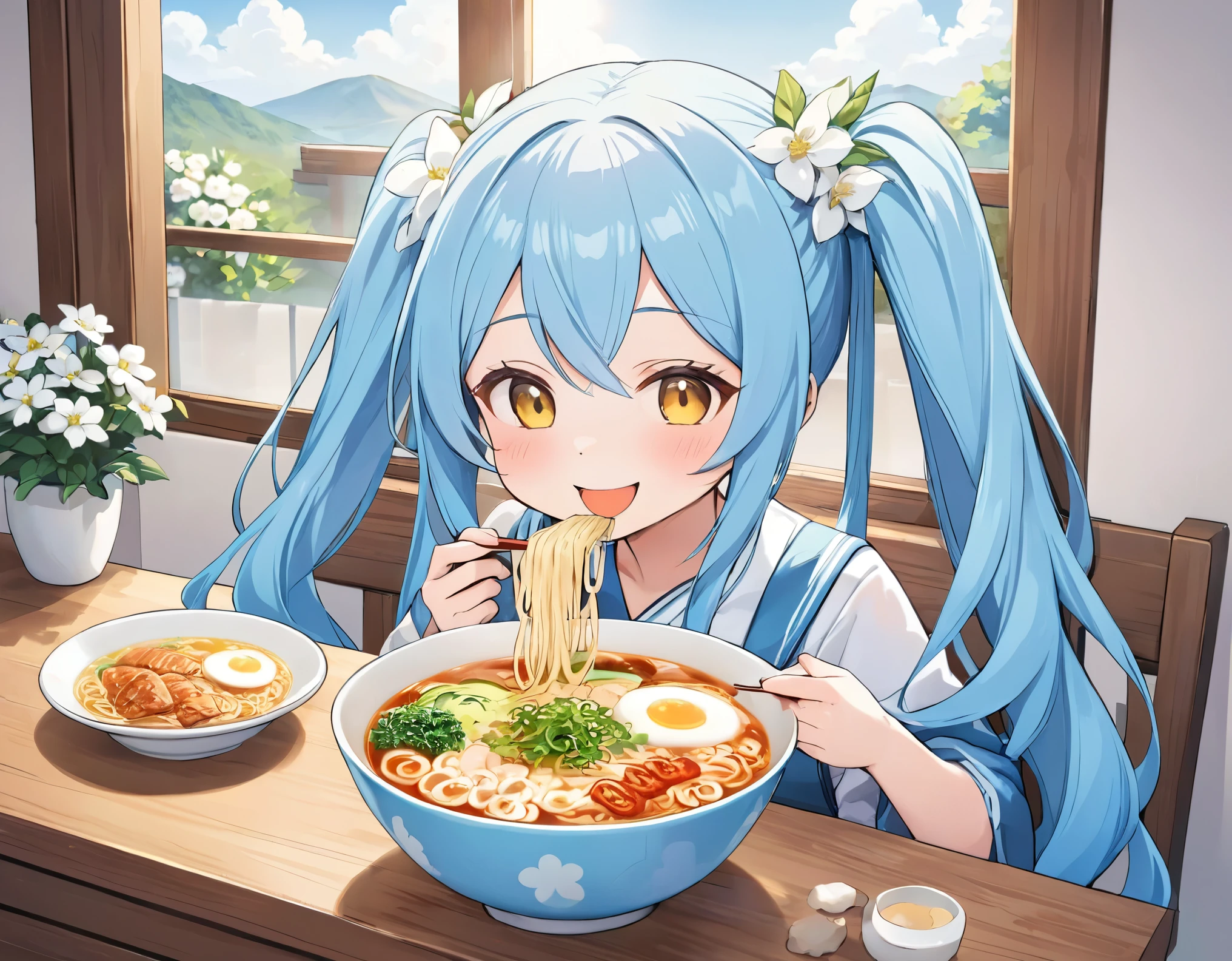 Bright, sunny kitchen、White flowers are displayed on the windowsill、Smiling and eating ramen in the kitchen。Light blue long hair、Twin-tailed Chibi Character、Eating voraciously