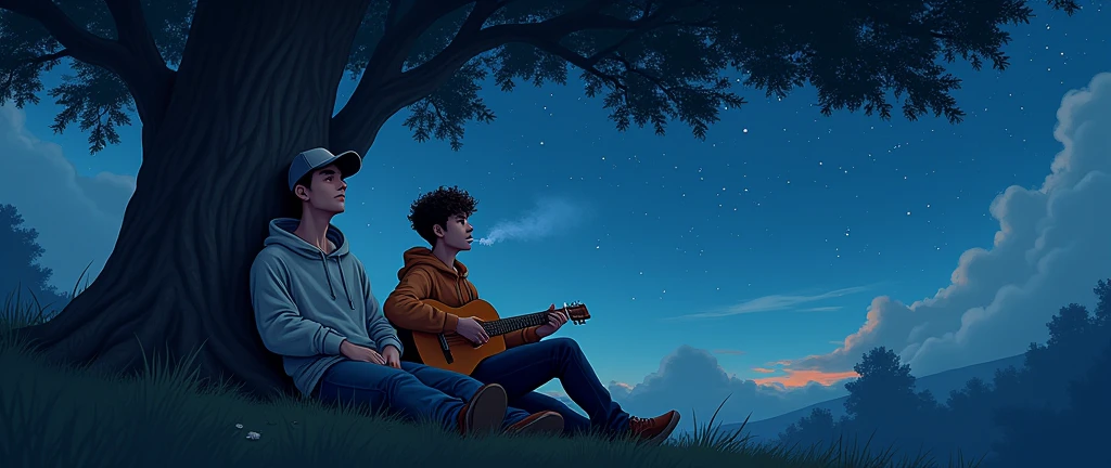 Two young men in hoodies smoking under a tree watching the stars, one wearing a cap and the other with curly hair playing the guitar