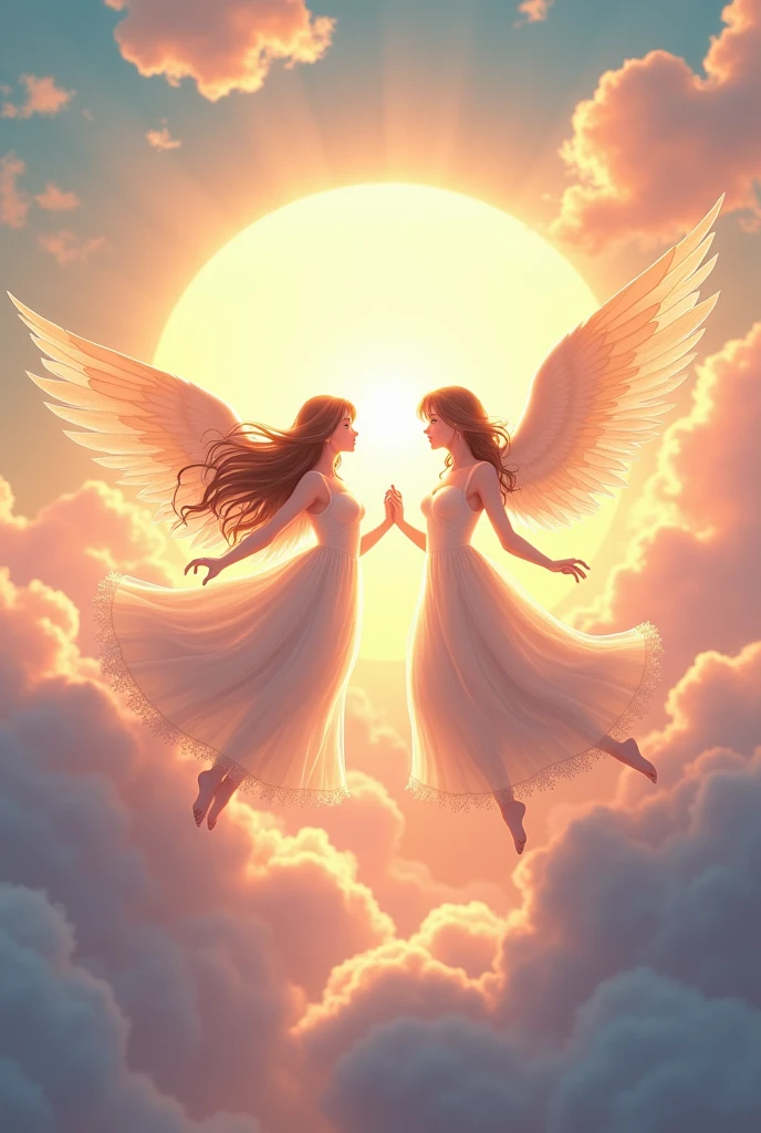 Highly detailed image of a couple of anime-style angels dancing on the clouds .amidst the brightness of the sun