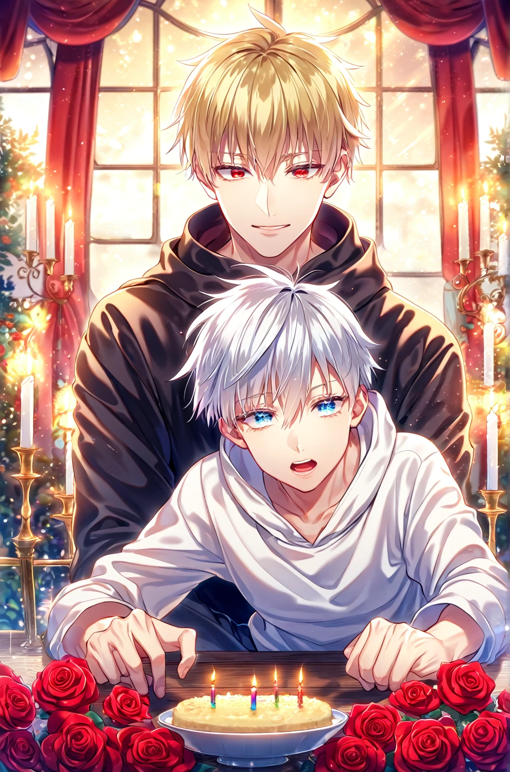 absurdres, highres, ultra detailed, HDR, master piece, best quality, perfect face, detailed eyes, detailed face, Gilgamesh, blonde hair, expressive red eyes, Fate Stay Night, Gojou Satoru, white hair, expressive blue eyes, 1 adult man and a 1 kid, together, handsome, yaoi, gay couple, black coat, white hoodie, room, window, red curtains, red roses, candles, night, garden, Jujutsu Kaisen