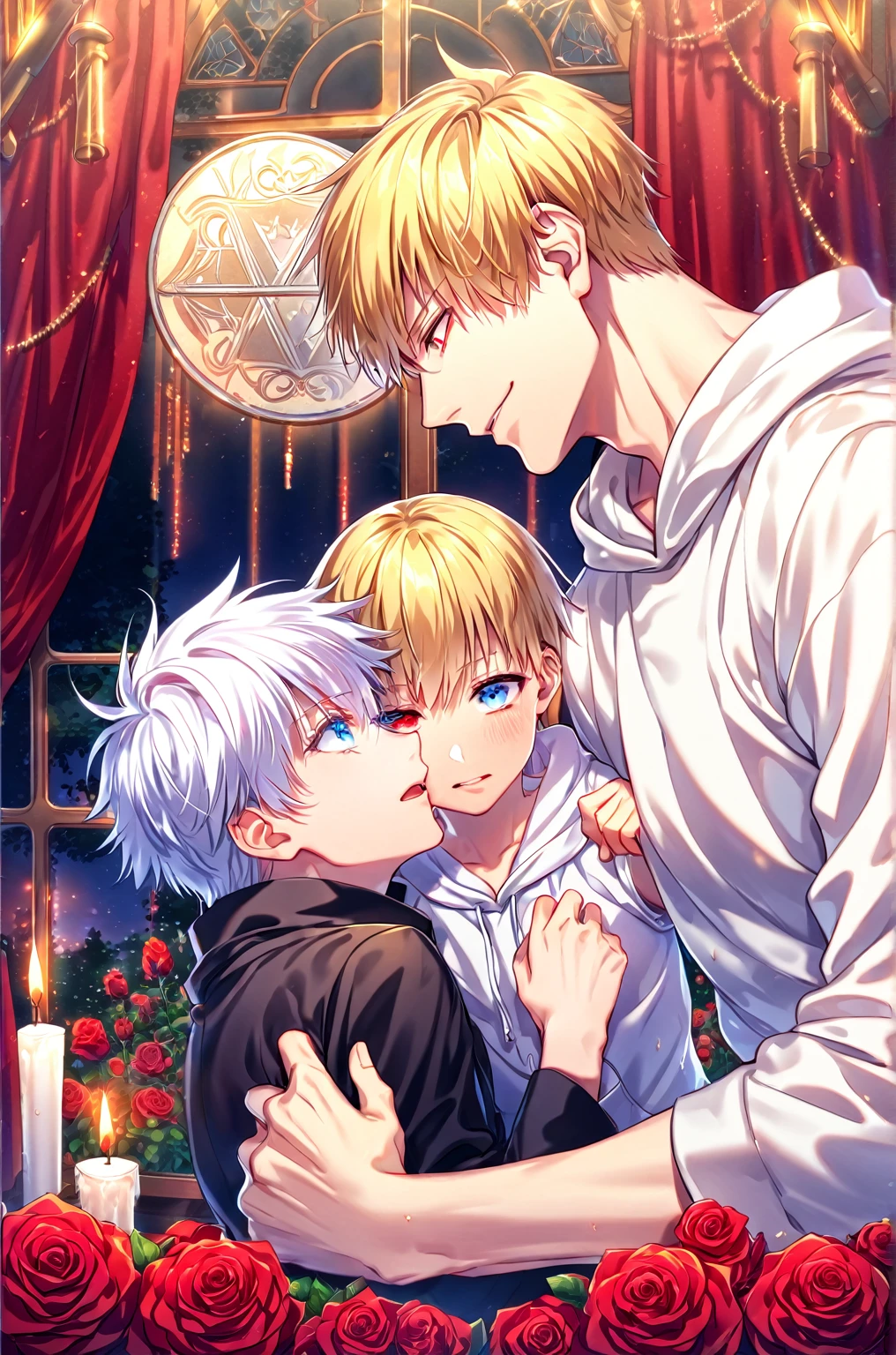 absurdres, highres, ultra detailed, HDR, master piece, best quality, perfect face, detailed eyes, detailed face, Gilgamesh, blonde hair, expressive red eyes, Fate Stay Night, Gojou Satoru, white hair, expressive blue eyes, 1 adult man and a 1 , together, handsome, yaoi, gay couple, black coat, white hoodie, room, window, red curtains, red roses, candles, night, garden, Jujutsu Kaisen