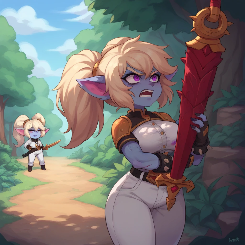 alone, rose thorns, Profile, poppylol, Yordle, small pile, colored skin, rubio_hair, purple_eyes, big breasts, angry expression, Singing, White suit, white pants, White shirt, sword, bottomless, caught in a bramble bush, path of thorns, wound with blood, looking ahead, leaning forward, yelling