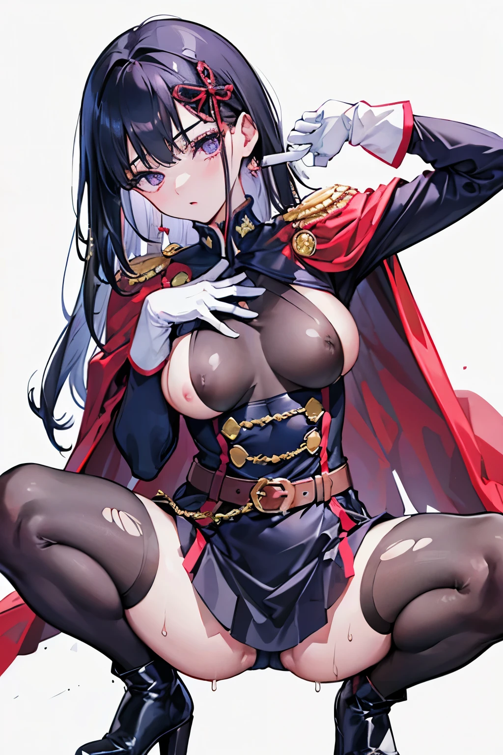 masterpiece, Highest quality, One girl, alone, pantyhose, ((mini skirt)), Black Hair, squat, Long Hair, gloves, Purple eyes, White Background, Cape, belt, white gloves, View your viewers, red Cape, Simple Background, black shorts, Black footwear, bangs, grey pantyhose, front leg pose, whole body, hair ornaments, collar, chest, black pantyhose, Long sleeve, Jacket, uniform, Epaulettes, boots, Spread your legs, Open your mouth, (masterpiece、Highest quality、Super Fine、High resolution、Genuine、Sharp focus))、Face Light、((And yet delicate and beautiful))Sexy figure、((大きなchest)),((Bright eyes)),chestの谷間を強調,((Spread your legs wide)),((Sexy Underwear)),Embarrassed,Watery eye,((Pull up your skirt)),nsfw:1.9,spread legs,(((Sweat)),((Pubic Area Showing)),,((Stick your butt out)),((Beautiful Eyes)),((Torn clothes)),((Nipples))